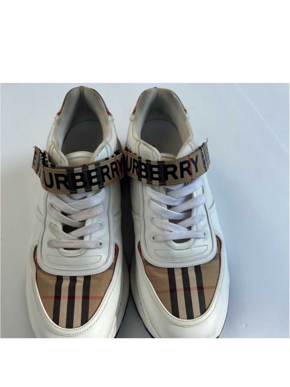Burberry White Leather Sneakers with Beige Vintage Check Strap